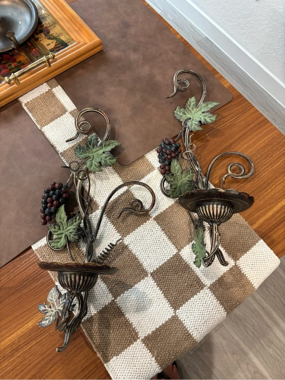 Pair of Vintage Italian Grapevine Wall Sconces - Rustic Bronze and Green